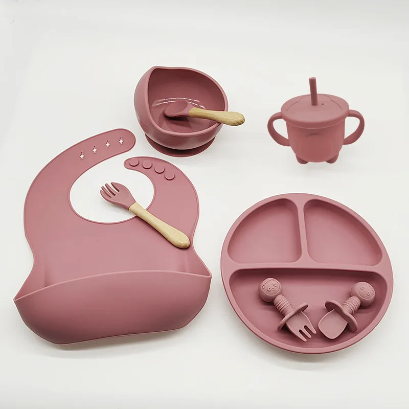Children's Dishes Set Baby Silicone/8-piece Tableware Set Suction Cups Forks Spoons Bibs Straws Cups Mother and Baby Supplies