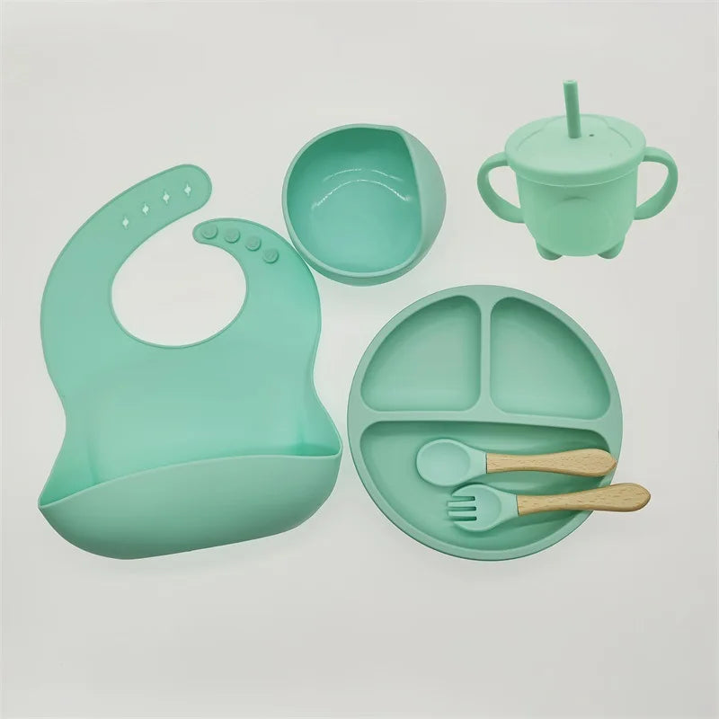 Children's Dishes Set Baby Silicone/8-piece Tableware Set Suction Cups Forks Spoons Bibs Straws Cups Mother and Baby Supplies