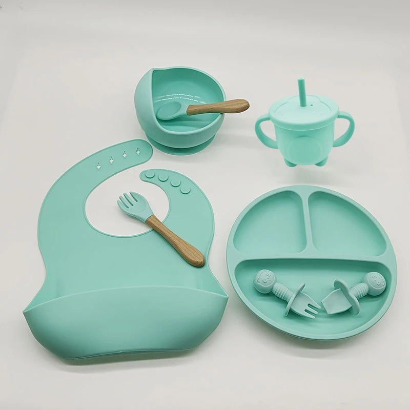 Children's Dishes Set Baby Silicone/8-piece Tableware Set Suction Cups Forks Spoons Bibs Straws Cups Mother and Baby Supplies