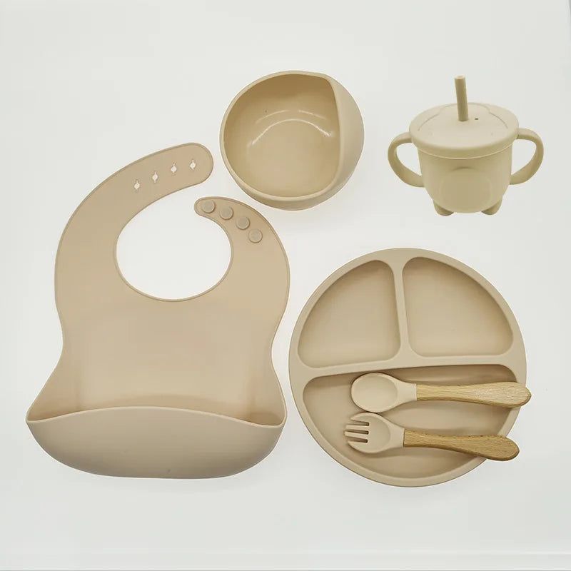 Children's Dishes Set Baby Silicone/8-piece Tableware Set Suction Cups Forks Spoons Bibs Straws Cups Mother and Baby Supplies