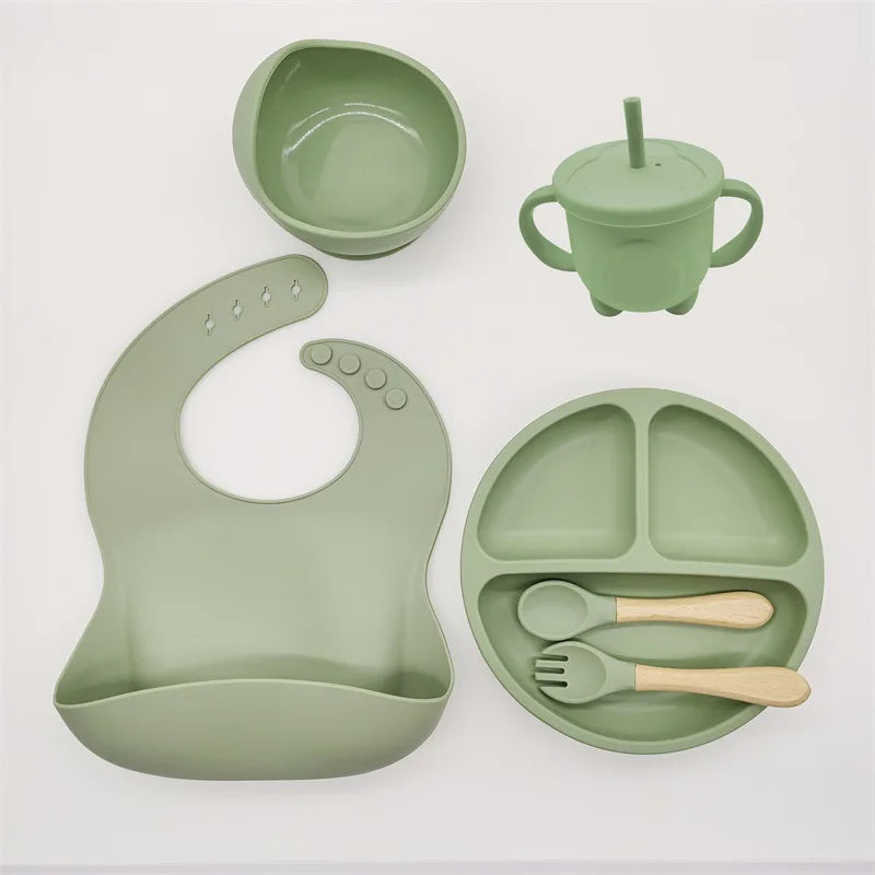 Children's Dishes Set Baby Silicone/8-piece Tableware Set Suction Cups Forks Spoons Bibs Straws Cups Mother and Baby Supplies