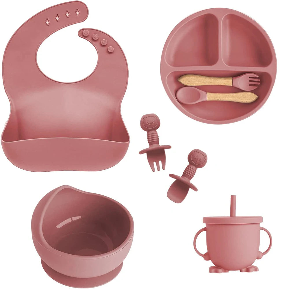 Children's Dishes Set Baby Silicone/8-piece Tableware Set Suction Cups Forks Spoons Bibs Straws Cups Mother and Baby Supplies